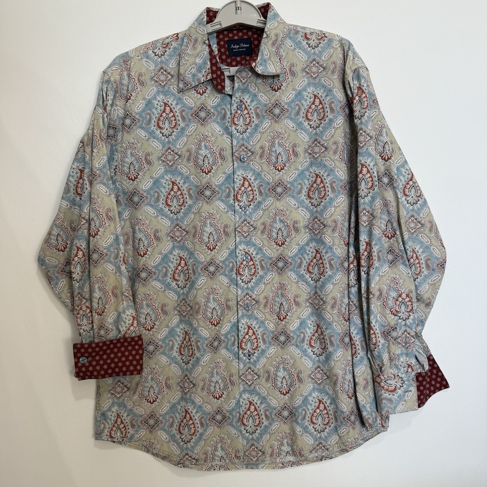 Indigo Palms Shirt Mens Large Maroon Blue Khaki Button Down Cotton Paisley - Picture 2 of 8
